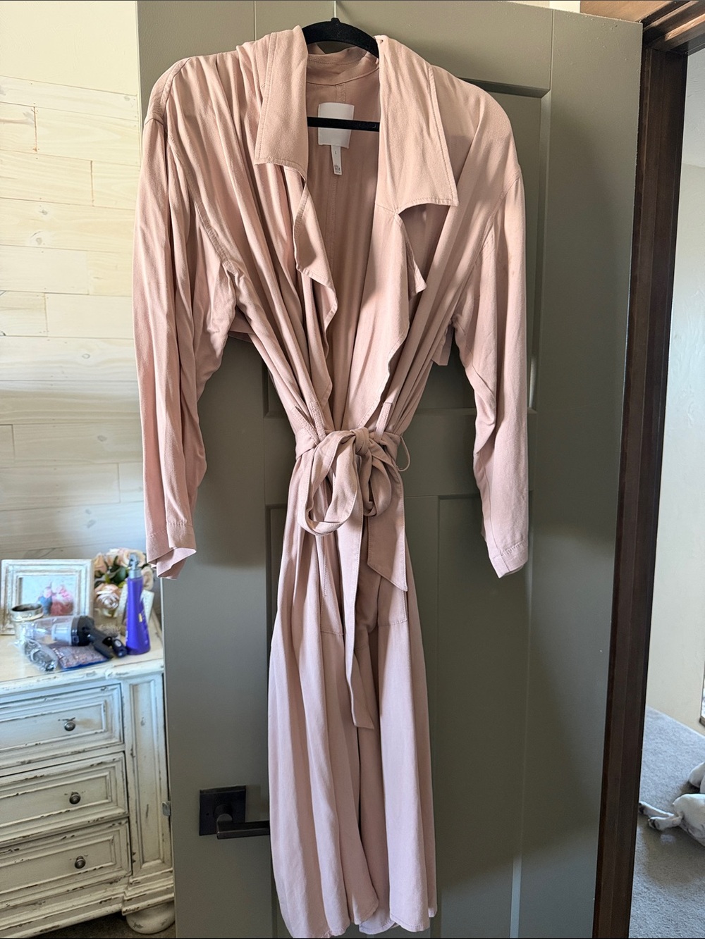 Leith Blush Pink Long-Sleeve Tie-Waist Trench Coat